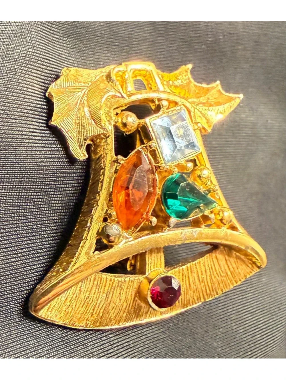 Vintage Christmas Bell Brooch Gold Tone with Rhinestone Colorful Holiday Jewelry
